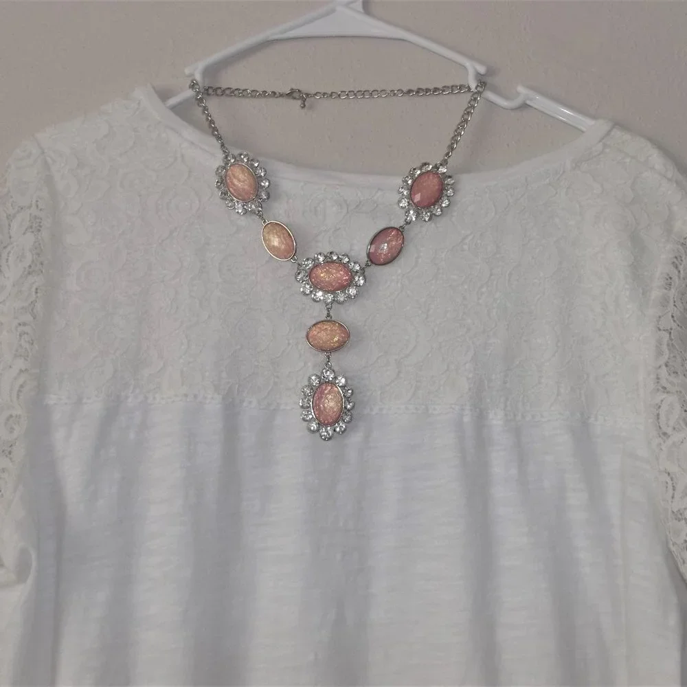 Pre-owned Statement Necklace Orange Peach and Silver White Rhinestones Big A206_2